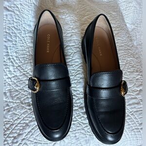 Cole Haan Black Leather Slip-On Loafers with Gold Buckle